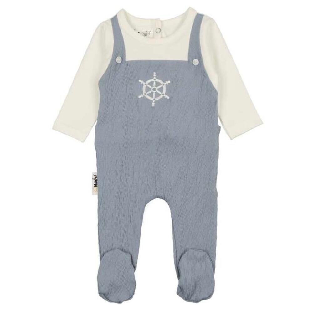 New Maniere Cotton Boy's Sailor Overall Footie one piece, Denim Blue - 12 months